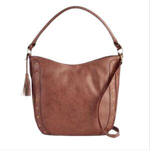 Cognac Brown Studded Faux Leather Shoulder Bag